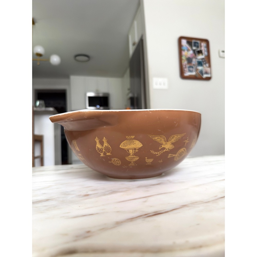 Vintage Pyrex Early American Cinderella 4 Qt Mixing Bowl #444 Brown Gold - Picture 2 of 9
